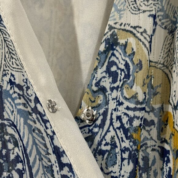 VINCE CAMUTO Paisley Print Wrap Midi Dress Sz XS Blue Yellow V Neck Collared NWT - Picture 6 of 9